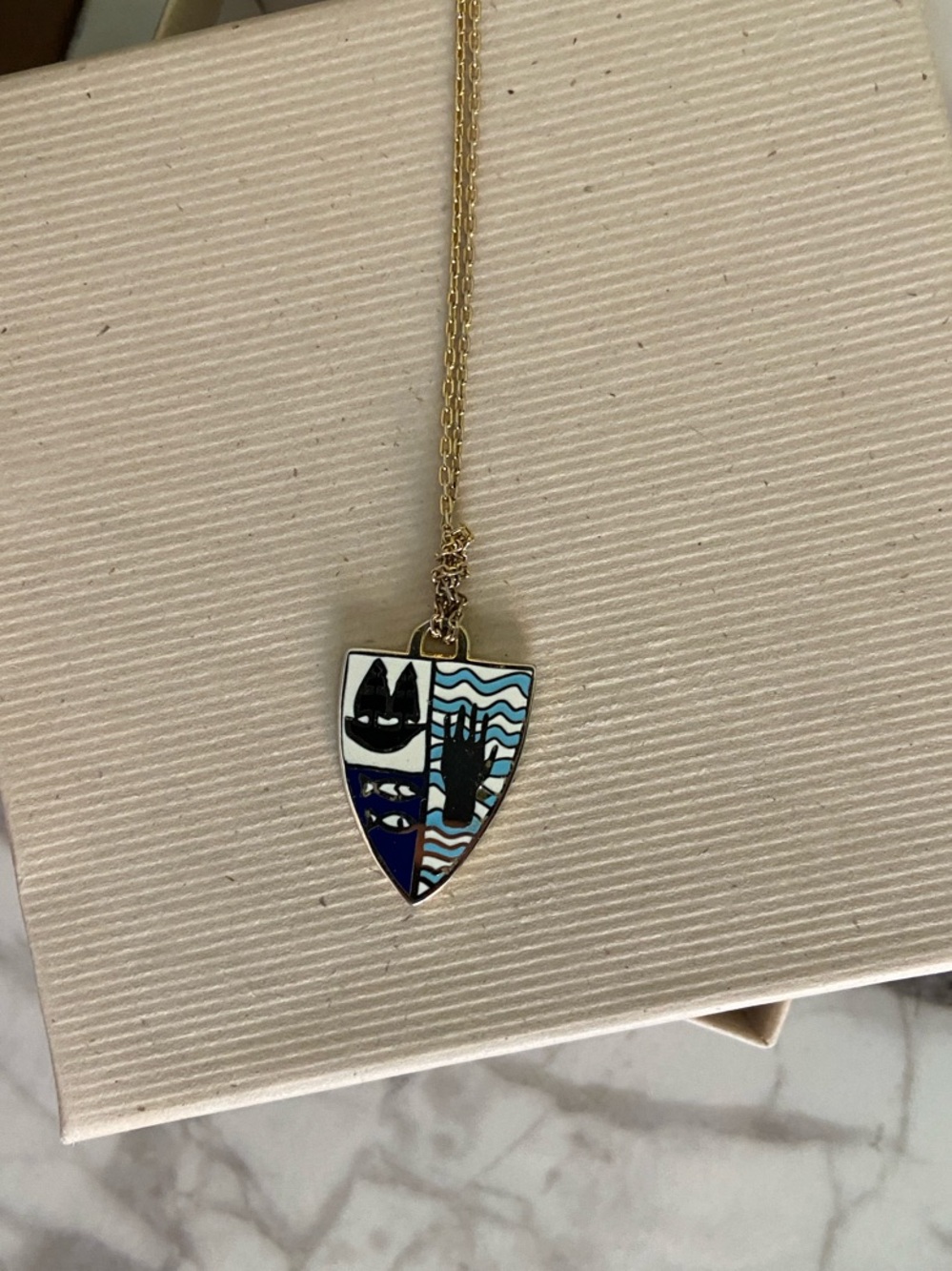Yellow Owl Workshop: Gold Shield Pendant Necklace with Blue and Black Enamel